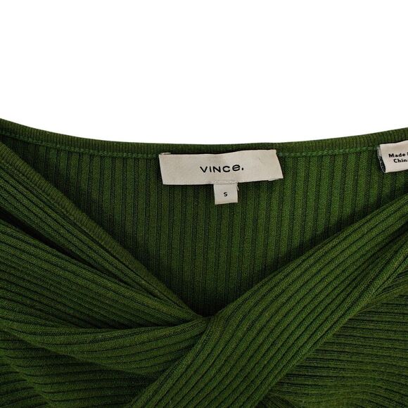 Vince Ribbed Twist Midi Dress Womens Size Small Olive Green Off Shoulder Stretch - Picture 4 of 7